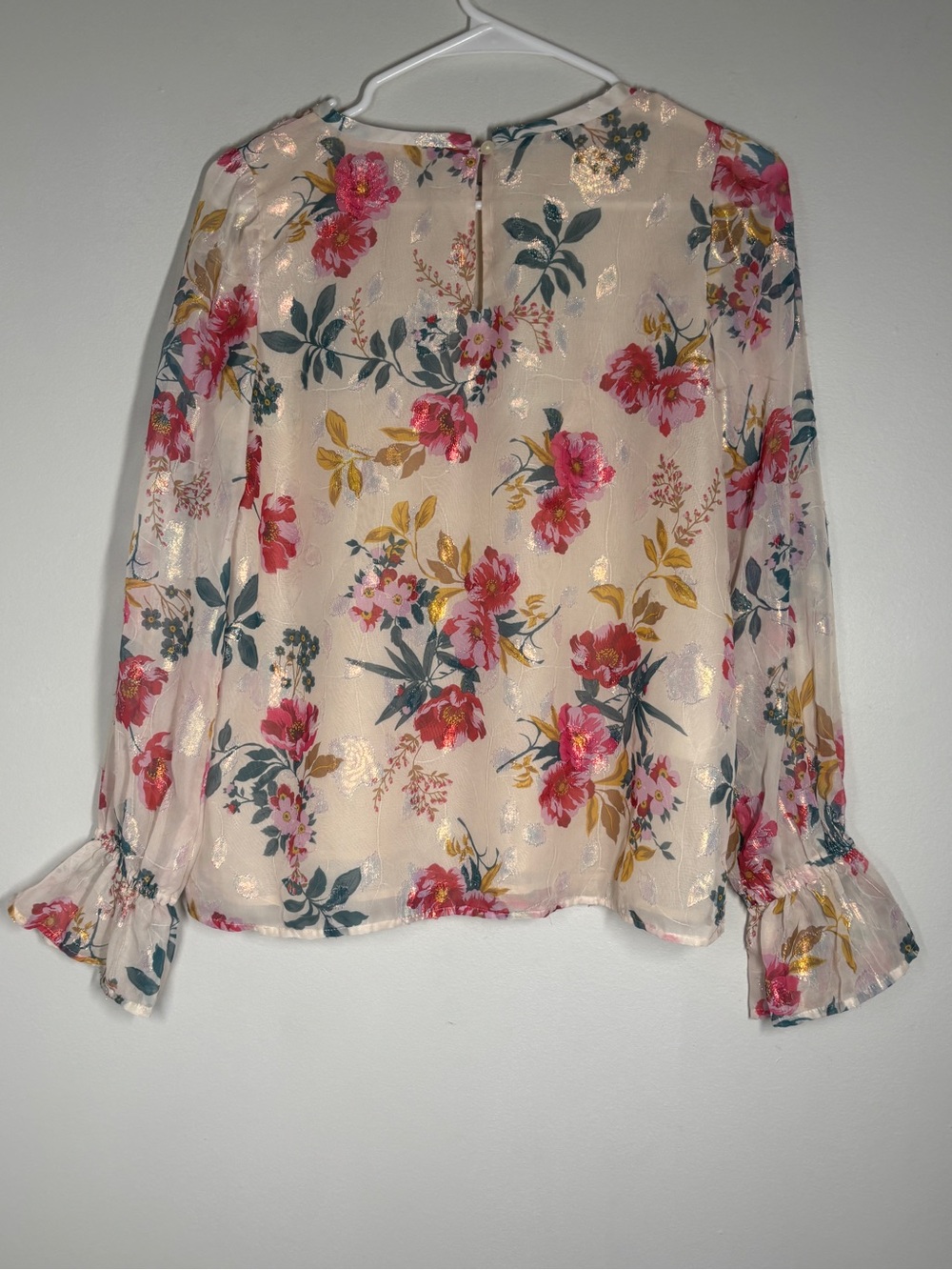 LOFT Cream Sheer Floral Blouse with Pink & Gold Accents